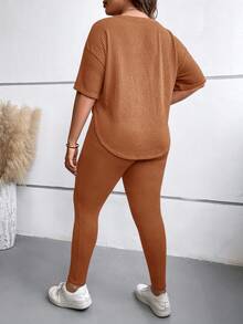 SHEIN LUNE Plus Drop Shoulder Tee & Leggings - Brown - View 2