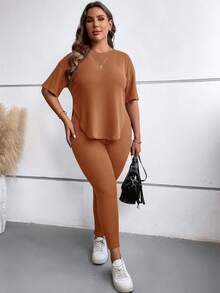 SHEIN LUNE Plus Drop Shoulder Tee & Leggings - Brown - View 3