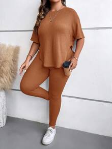 SHEIN LUNE Plus Drop Shoulder Tee & Leggings - Brown - View 4