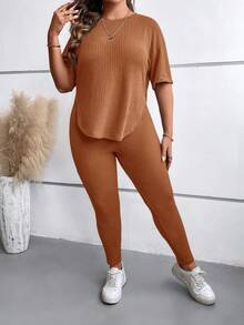 SHEIN LUNE Plus Drop Shoulder Tee & Leggings - Brown - View 5