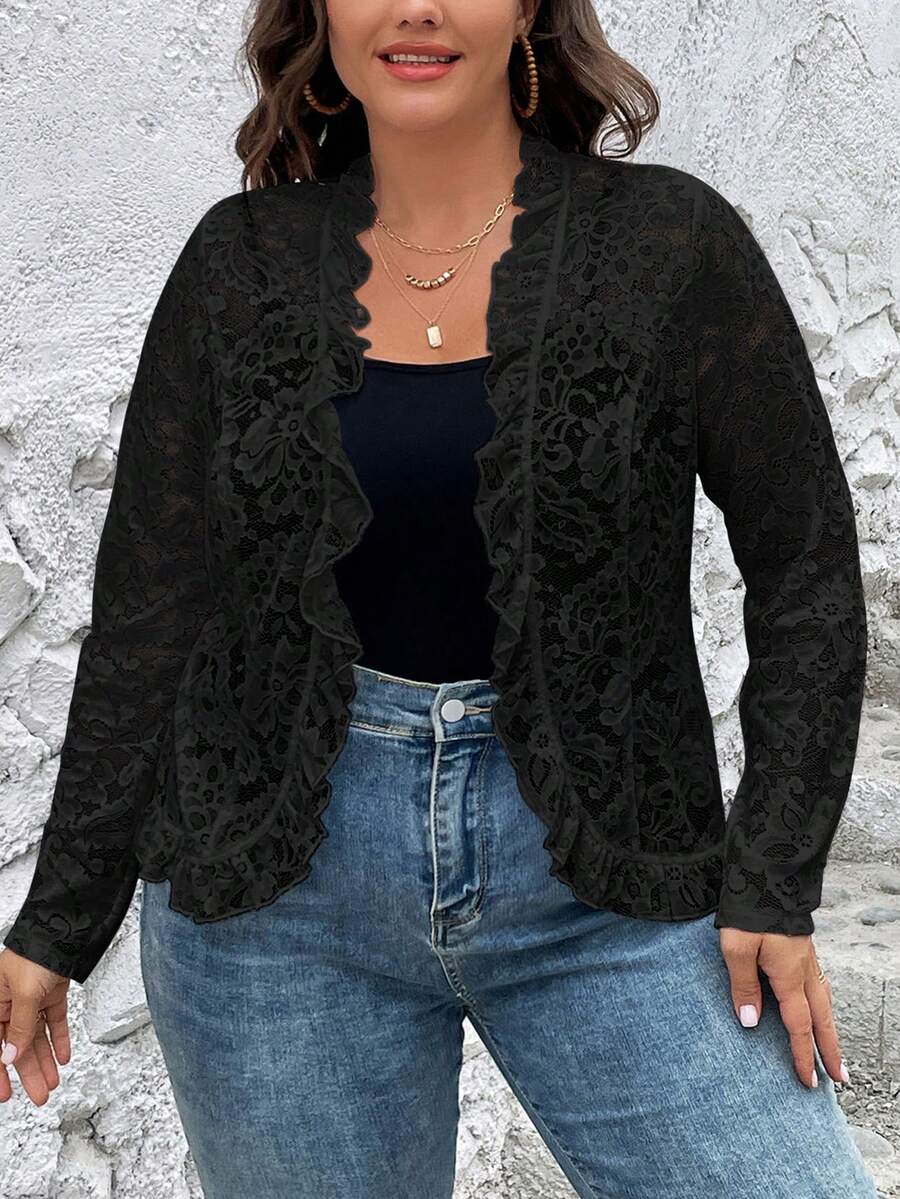 SHEIN Clasi Hơn Cắt vỏ sò Mở Mặt trước Ren Áo khoác - màu đen - Xem 1