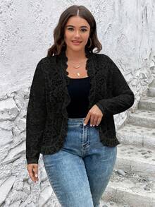 SHEIN Clasi Hơn Cắt vỏ sò Mở Mặt trước Ren Áo khoác - màu đen - Xem 3