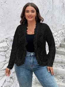 SHEIN Clasi Hơn Cắt vỏ sò Mở Mặt trước Ren Áo khoác - màu đen - Xem 5