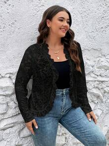 SHEIN Clasi Hơn Cắt vỏ sò Mở Mặt trước Ren Áo khoác - màu đen - Xem 6