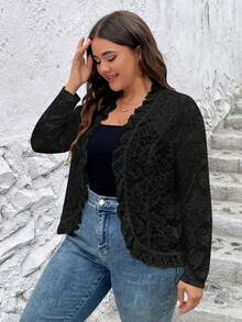 SHEIN Clasi Hơn Cắt vỏ sò Mở Mặt trước Ren Áo khoác - màu đen - Xem 7