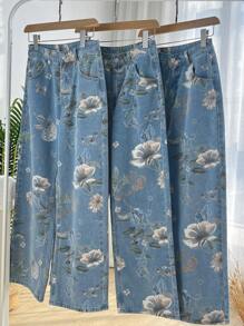 DAZY 花卉印花直筒牛仔褲 - 藍色 - 查看 9