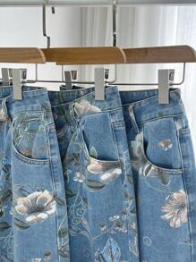 DAZY 花卉印花直筒牛仔褲 - 藍色 - 查看 10