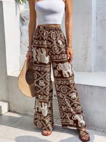 SHEIN Frenchy Elephant Print Wide Leg Pants Winter Chic Brown Spring Vacation Holiday Resort - Brown - View 3