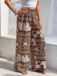 SHEIN Frenchy Elephant Print Wide Leg Pants Winter Chic Brown Spring Vacation Holiday Resort - Brown - View 6