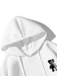 Manfinity EMRG 男士熊和標語圖案袋鼠口袋抽繩連帽衫 - 白色 - 查看 7