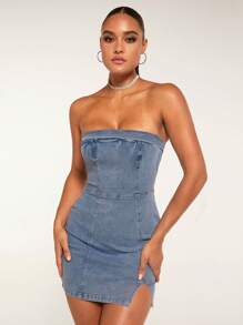 SHEIN BAE Split Hem Tube Denim Dress - Medium Wash - View 1