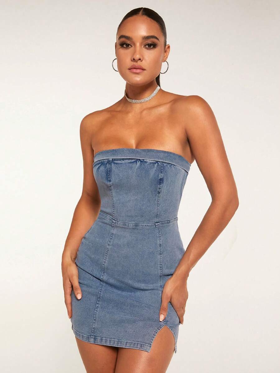 SHEIN BAE Split Hem Tube Denim Dress - Medium Wash - View 1