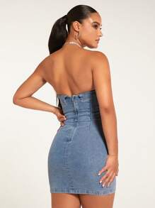 SHEIN BAE Split Hem Tube Denim Dress - Medium Wash - View 2