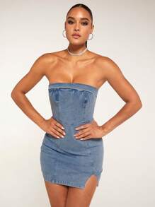 SHEIN BAE Split Hem Tube Denim Dress - Medium Wash - View 3