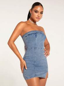 SHEIN BAE Split Hem Tube Denim Dress - Medium Wash - View 4