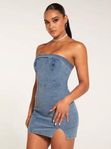 SHEIN BAE Split Hem Tube Denim Dress - Medium Wash - View 6