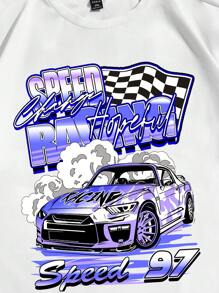 Manfinity VCAY 男士大码汽車和字母圖案T恤 - 白色 - 查看 3