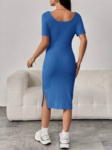 SHEIN Maternity Ribbed Knit Split Thigh Dress - Blue - View 2