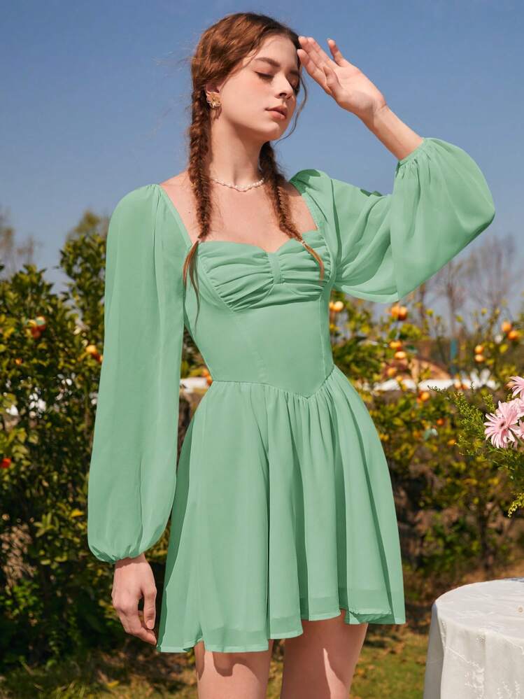 shein mod sweetheart neck lantern sleeve ruched bust dress SHEIN MOD Sweetheart Neck Lantern Sleeve Ruched Bust Dress