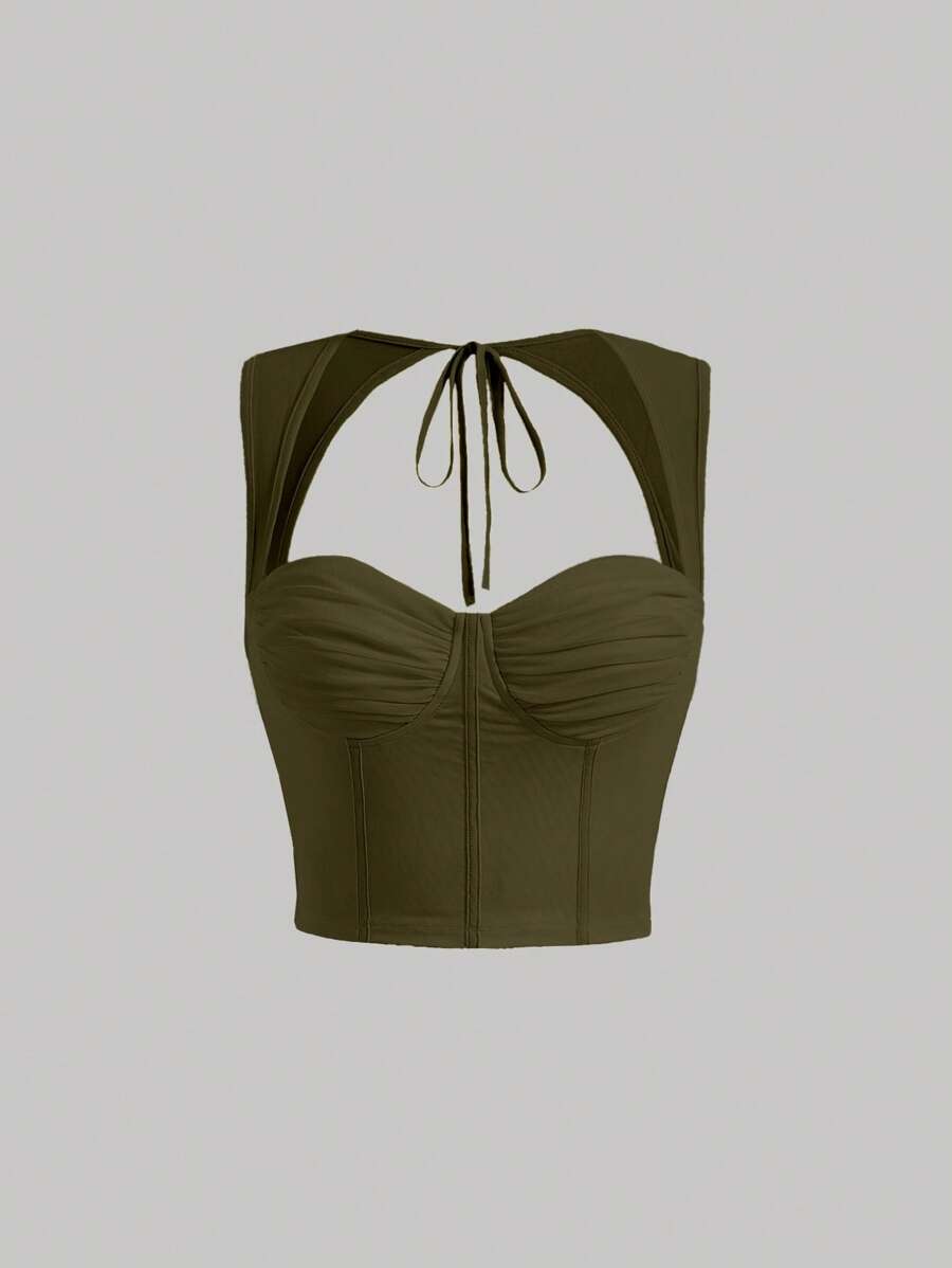 SHEIN MOD 後綁帶褶邊緊身上衣短款背心 - 軍綠色 - 查看 1