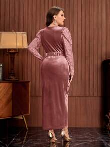 SHEIN Belle Hơn Ống tay áo Xù Viền chia cắt Thắt lưng Nhung Đầm Party - Bụi hồng - Xem 2