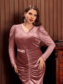 SHEIN Belle Hơn Ống tay áo Xù Viền chia cắt Thắt lưng Nhung Đầm Party - Bụi hồng - Xem 3