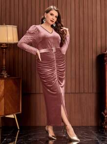 SHEIN Belle Hơn Ống tay áo Xù Viền chia cắt Thắt lưng Nhung Đầm Party - Bụi hồng - Xem 4