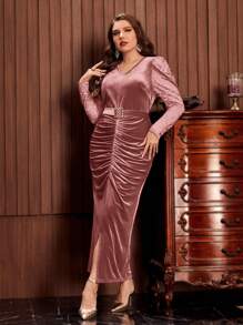 SHEIN Belle Hơn Ống tay áo Xù Viền chia cắt Thắt lưng Nhung Đầm Party - Bụi hồng - Xem 5