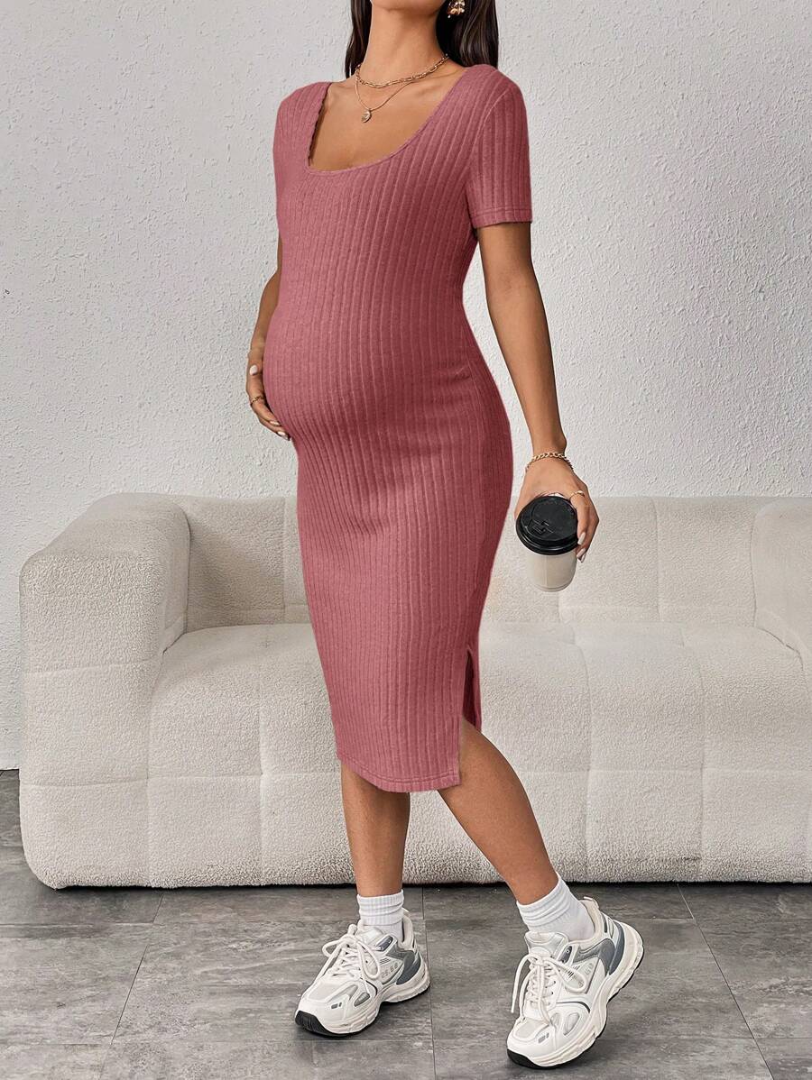 SHEIN Maternity Ribbed Knit Split Thigh Dress