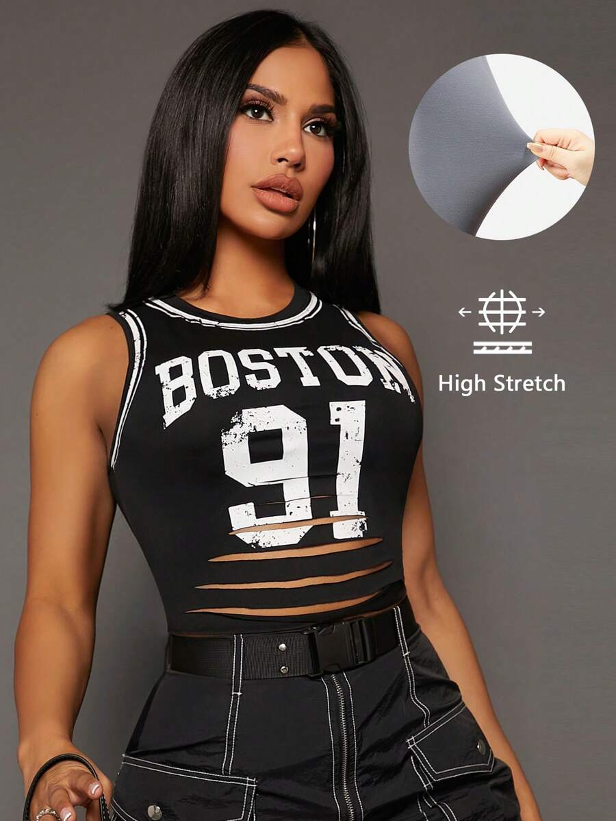 SHEIN SXY 字母圖案破洞短款背心 - 黑色 - 查看 1