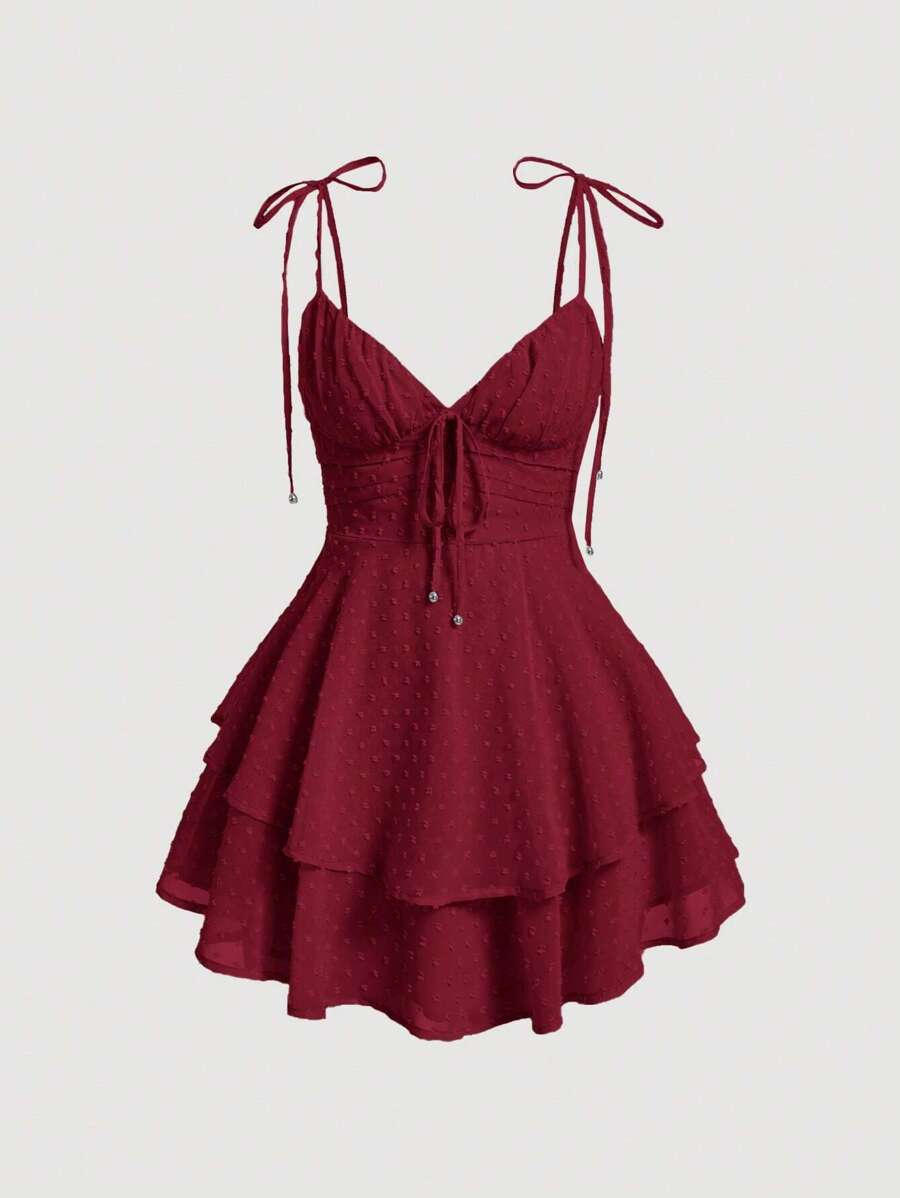 SHEIN MOD Swiss Dot Tie Shoulder Two Layer Hem Cami Dress - Burgundy - View 1