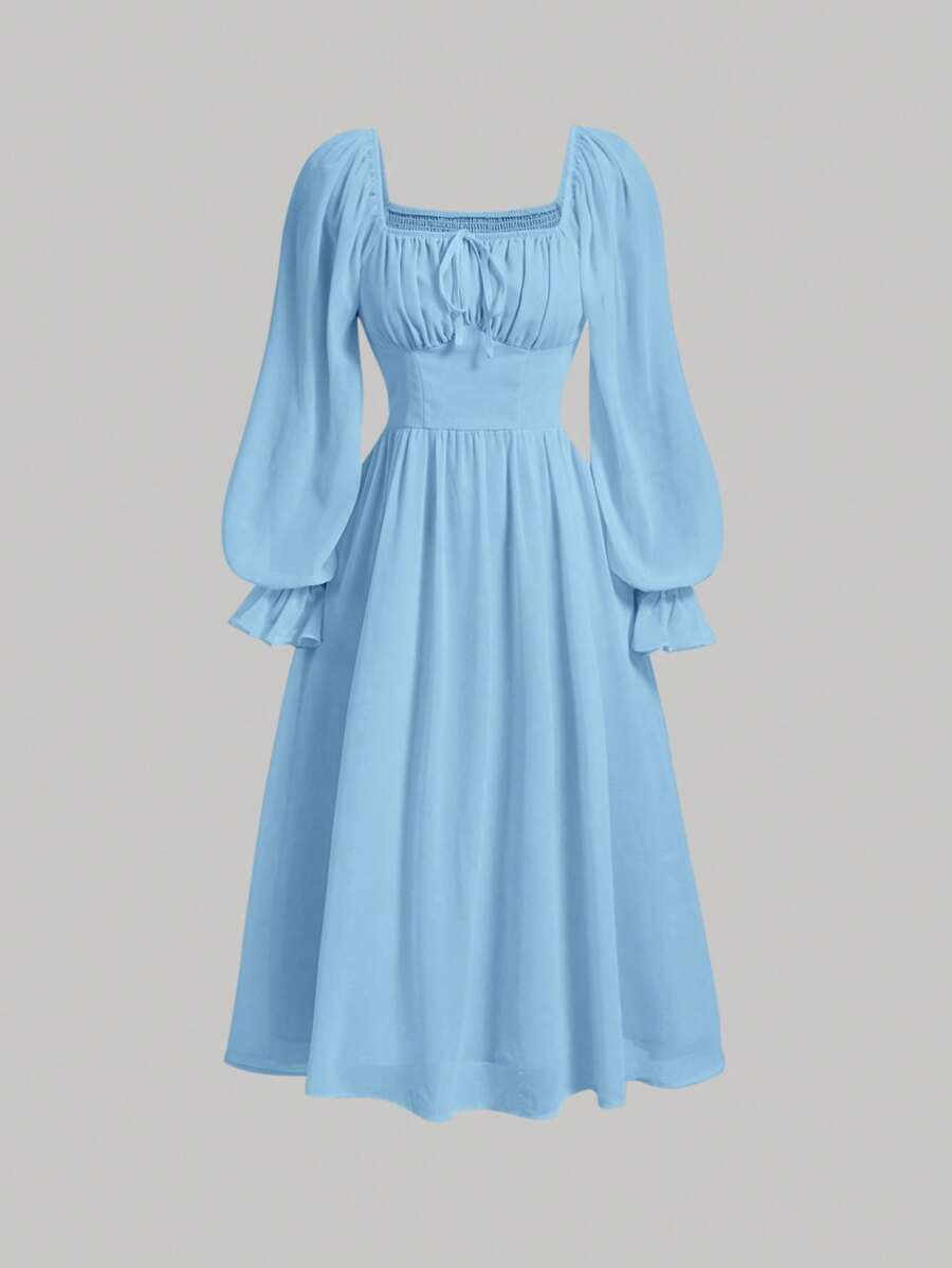 SHEIN MOD Square Neck Flare Sleeve Ruched Bust Milkmaid Dress - Baby Blue - View 1