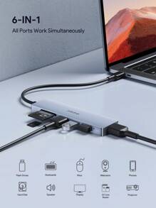 JMMO USB 集线器，USB C 集线器，6 合 1 USB C 集线器 3 个 USB 3.0 端口，Micro SD/SD 读卡器，4K@30Hz HDMI 兼容端口，适用于大多数 Type-C 设备 USB3.0 圣诞礼物，秋冬季假期露营必备品，度假配件，露营用品 - 銀色 - 查看 2
