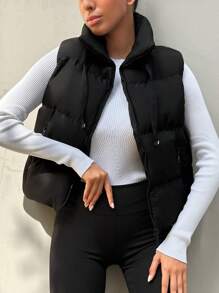 EURMUSE Women's Solid Color Zipper Front Casual Vest Jacket, Winter - Black - View 1