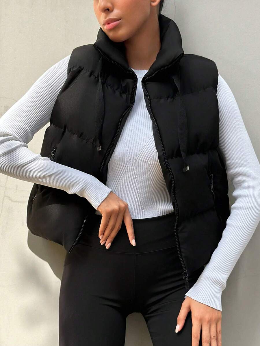 EURMUSE Women's Solid Color Zipper Front Casual Vest Jacket, Winter - Black - View 1