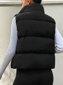 EURMUSE Women's Solid Color Zipper Front Casual Vest Jacket, Winter - Black - View 2