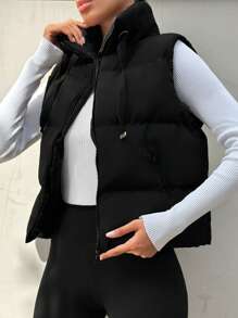 EURMUSE Women's Solid Color Zipper Front Casual Vest Jacket, Winter - Black - View 3