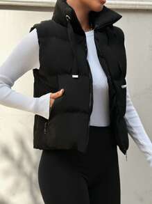 EURMUSE Women's Solid Color Zipper Front Casual Vest Jacket, Winter - Black - View 5