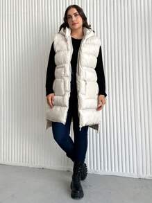 SHEIN Cottnline Plus Zip Up Hooded Puffer Vest Coat - Beige - View 1