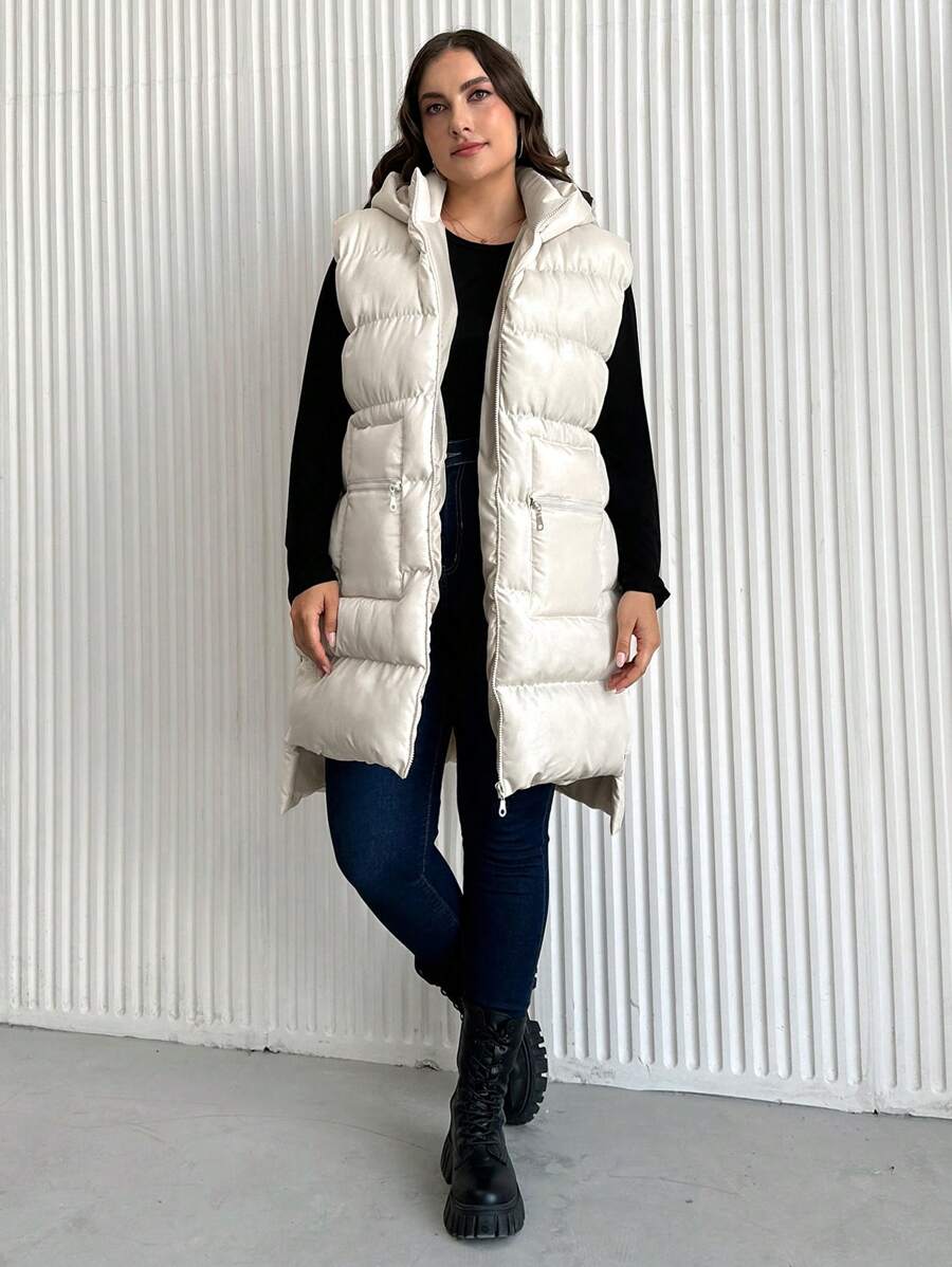 SHEIN Cottnline Plus Zip Up Hooded Puffer Vest Coat - Beige - View 1