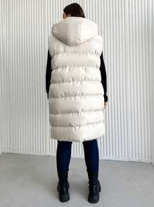 SHEIN Cottnline Plus Zip Up Hooded Puffer Vest Coat - Beige - View 2