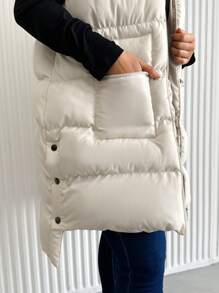 SHEIN Cottnline Plus Zip Up Hooded Puffer Vest Coat - Beige - View 3