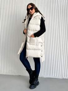 SHEIN Cottnline Plus Zip Up Hooded Puffer Vest Coat - Beige - View 5