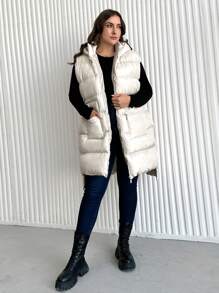 SHEIN Cottnline Plus Zip Up Hooded Puffer Vest Coat - Beige - View 6