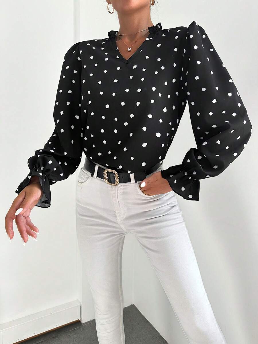 EURMUSE Graphic Print Flare Sleeve Frill Trim Blouse - Black - View 1