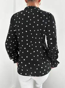 EURMUSE Graphic Print Flare Sleeve Frill Trim Blouse - Black - View 2