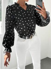 EURMUSE Graphic Print Flare Sleeve Frill Trim Blouse - Black - View 3