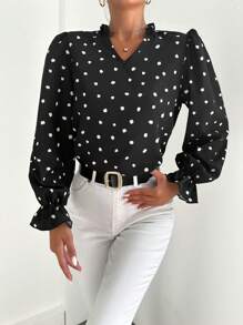 EURMUSE Graphic Print Flare Sleeve Frill Trim Blouse - Black - View 4