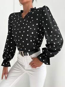 EURMUSE Graphic Print Flare Sleeve Frill Trim Blouse - Black - View 5
