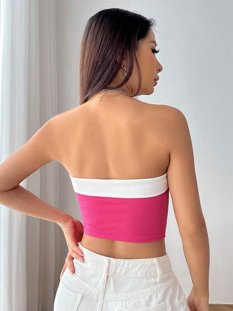 SHEIN EZwear חיתוך ניגודית טופים סטרפלס - ורוד חם - ראה 2